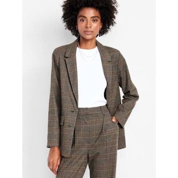 Old Navy Relaxed Blazer Jacket Brown Plaid Classic Womens Plus Size 2X New NWT - Picture 1 of 17